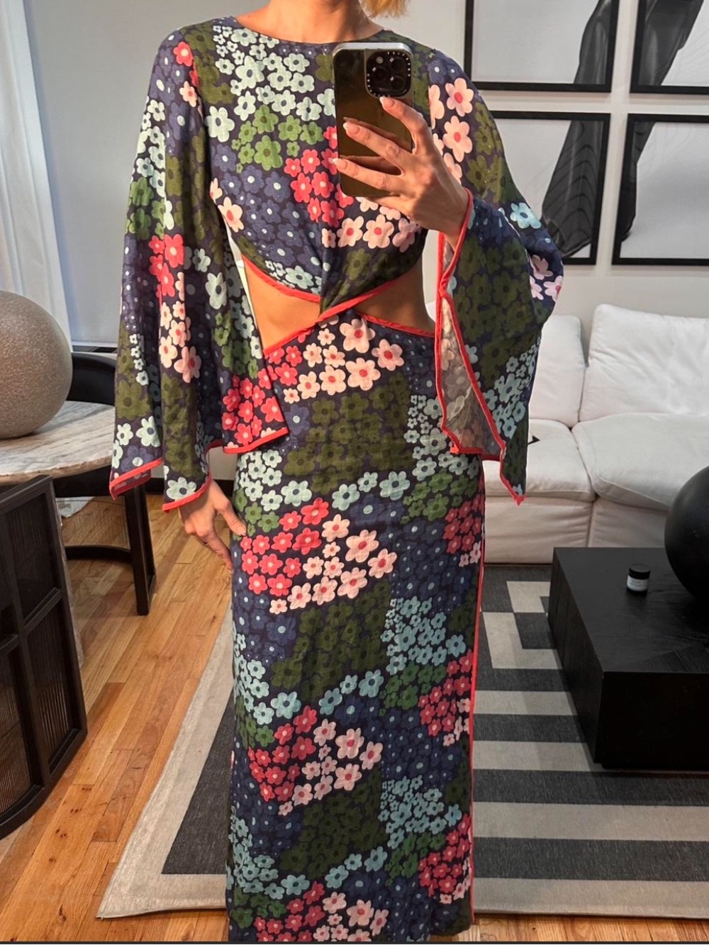 Navy Floral Cutout Maxi Skirt with Pink & Green Blooms